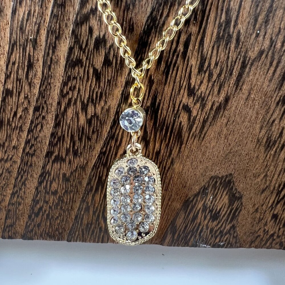 Gold-Tone Pendant Necklace With Rhinestone Accents & Chain Link Design - Picture 2 of 3